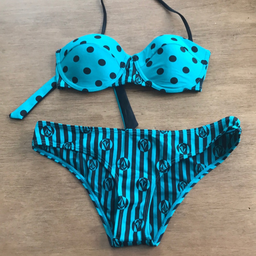 Teal stripes and dots Volcom bikini medium